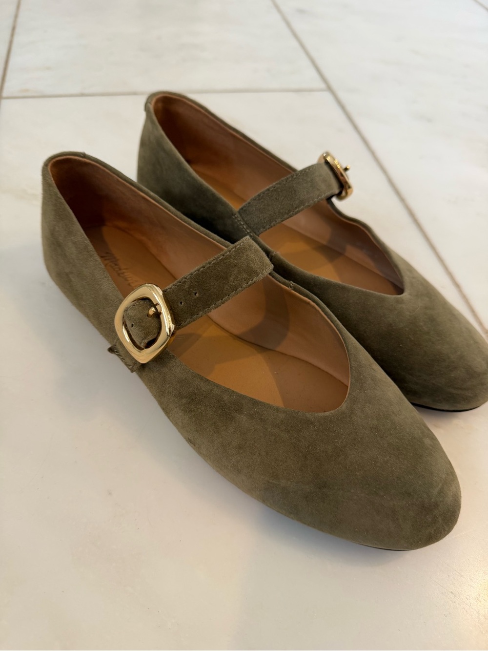 Madewell Olive Suede Mary Jane Flats with Gold Buckles